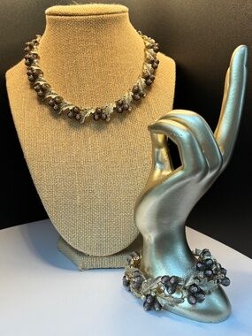Vintage Silver-Tone BSK Leaf Motif with Rhinestone Berry Pearl Accents